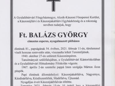 Elhunyt Balázs György c. esperes, nyugalmazott plébános Elhunyt Balázs György c. esperes, nyugalmazott plébános
